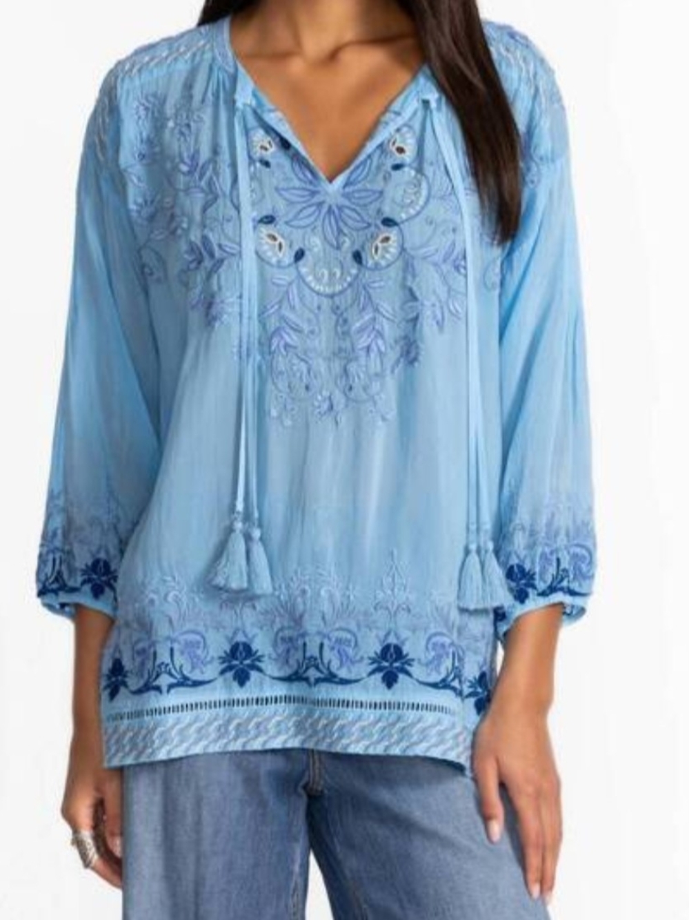 NEW M JOHNNY WAS Margot Embroidered blouse top Ethereal blue